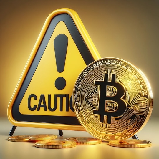 A Warning Sign next to a Bitcoin