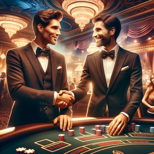 Two Men shaking hands in a casino