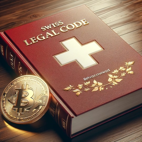 A Swiss Law Book next to a Bitcoin