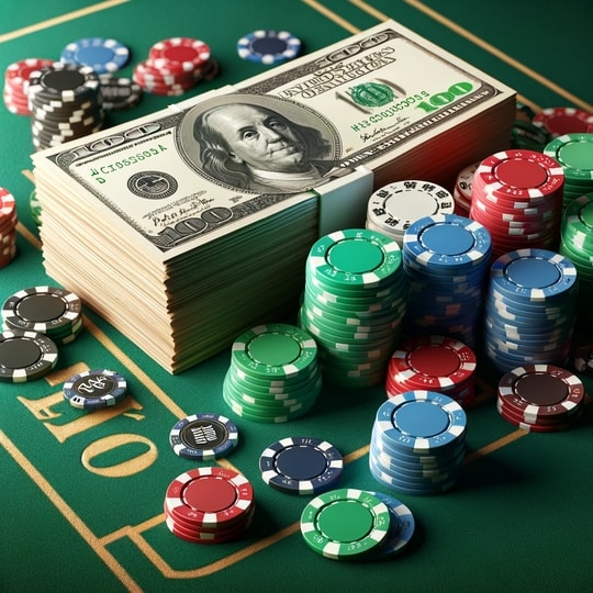 Money Bills next to Poker Chips