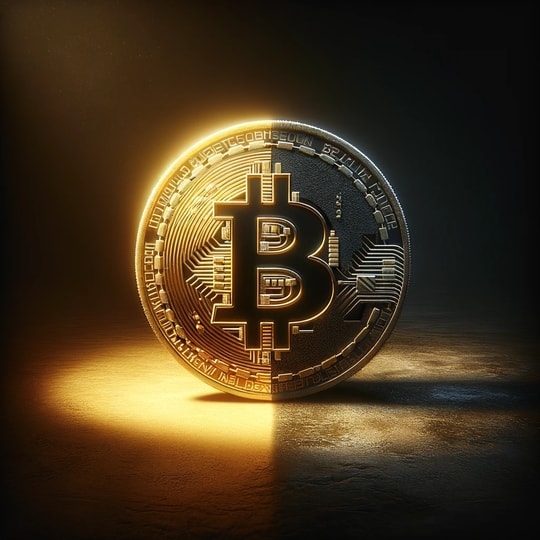A Bitcoin with a shady and a golden side