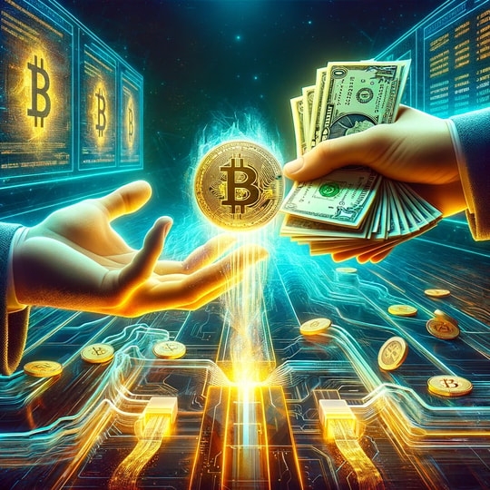 Money being exchanged for a Bitcoin