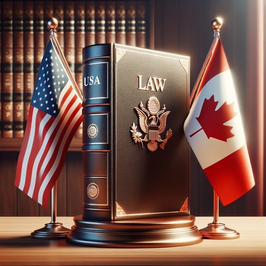 A Law book next to an american flag and a canadian flag