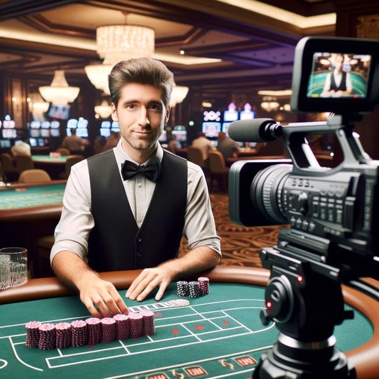 A Casino Dealer with a Video Camera pointed at him