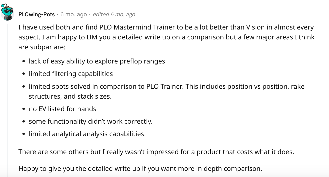 Reddit review of poker tool Vision GTO Trainer 