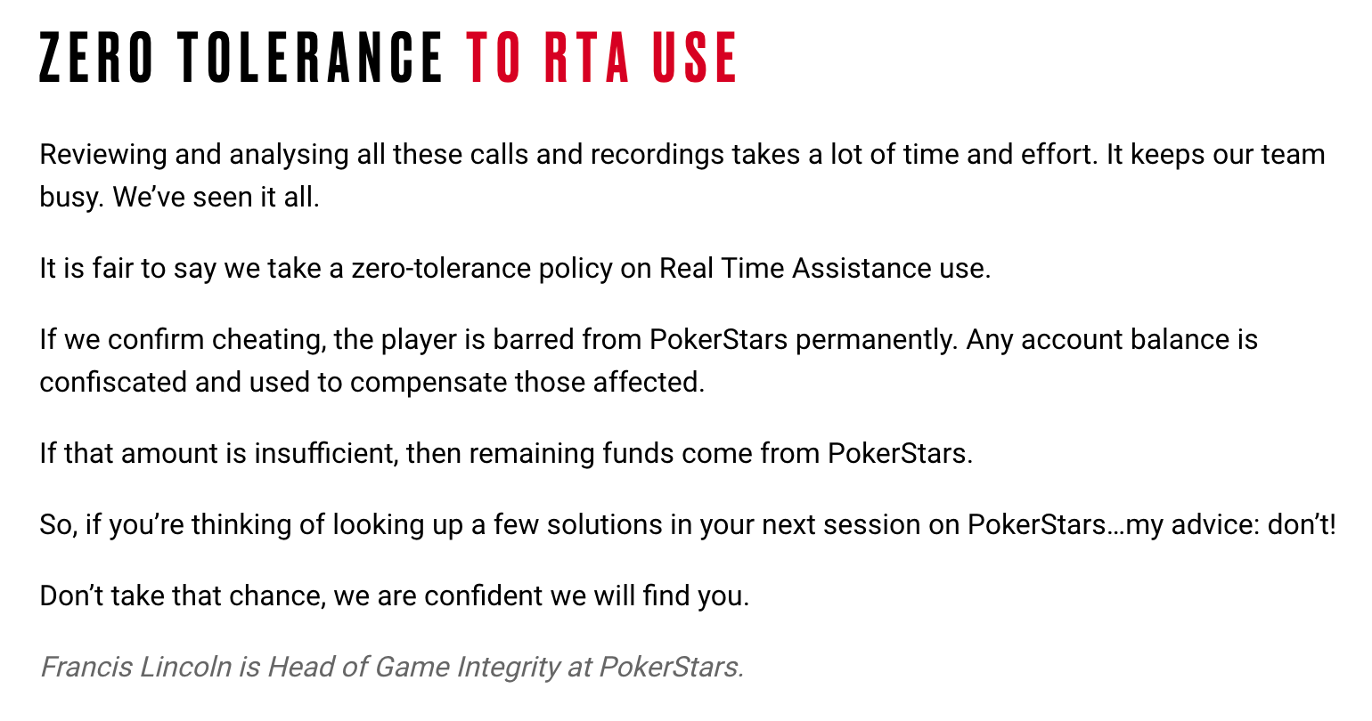 Pokerstars announcement regarding the use of RTA 