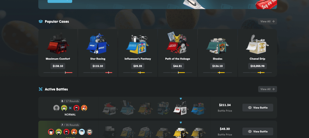 Cases.gg home page: Popular Cases from Path of the Hokage at $46.51 to Chanel Drip at $10,055.98, Active Battles below