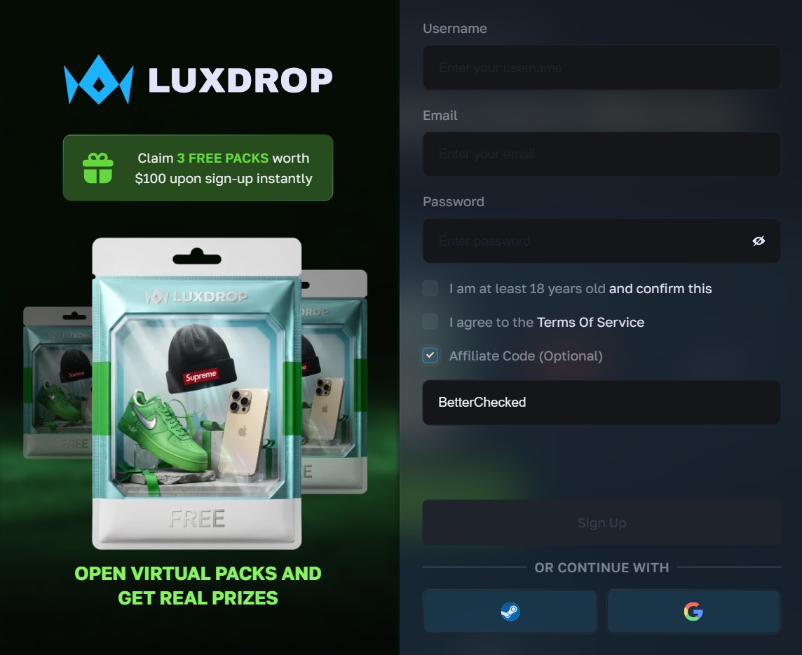 LuxDrop sign-up form with the affiliate code field showing BetterChecked and the 3 free packs worth $100 banner