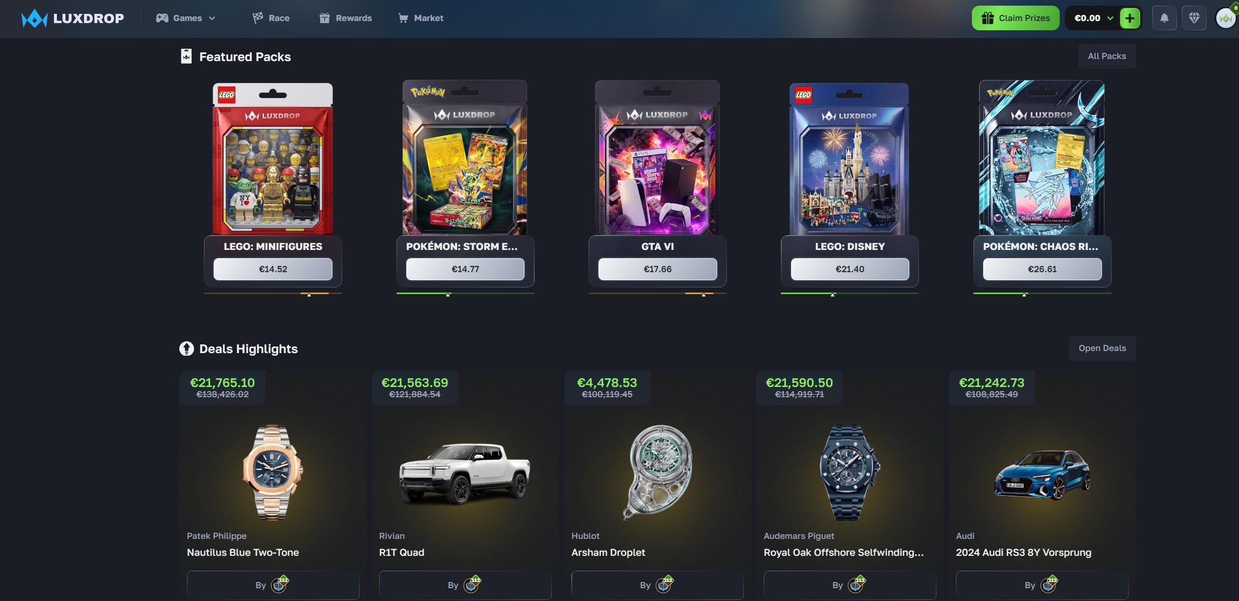 LuxDrop home page: Featured Packs from LEGO Minifigures at €14.52 to Pokémon Chaos Rising at €26.61, Deals Highlights below