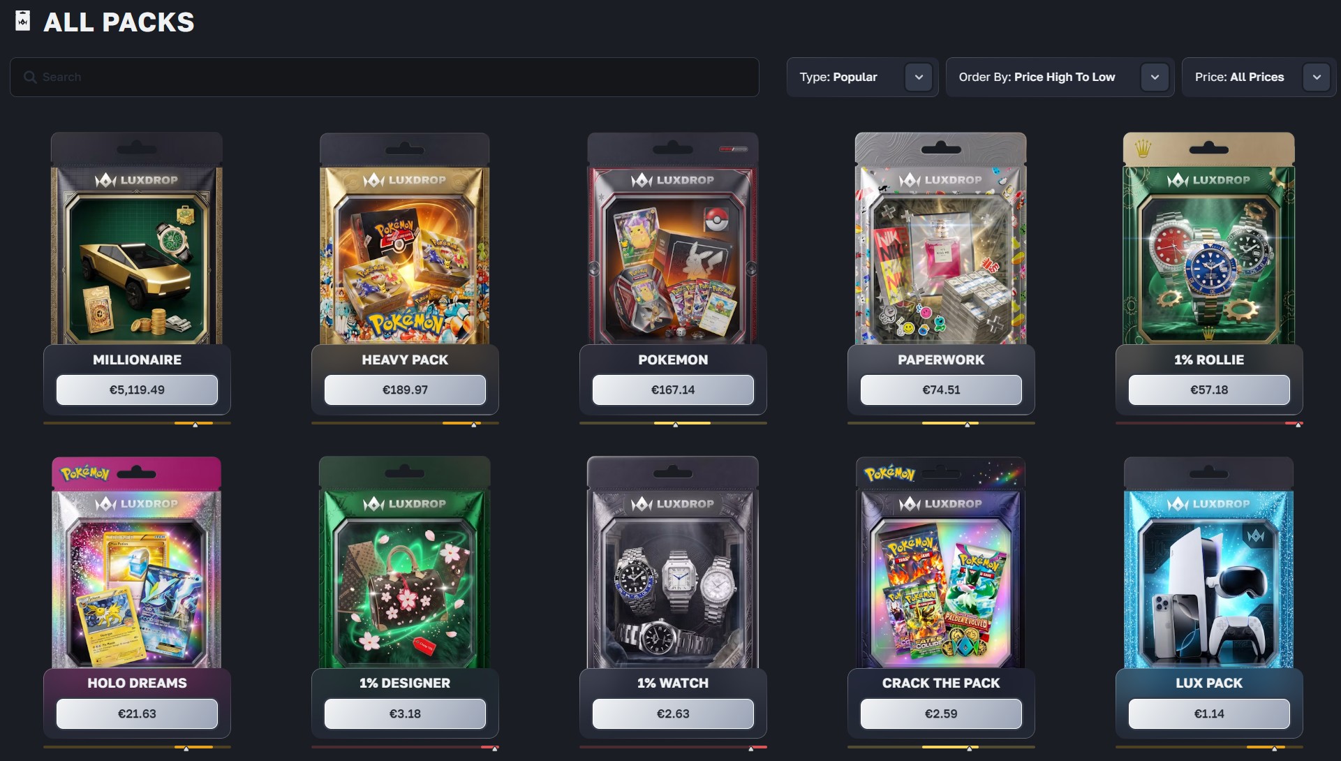 LuxDrop All Packs page sorted by price: Millionaire at €5,119.49 down to Lux Pack at €1.14