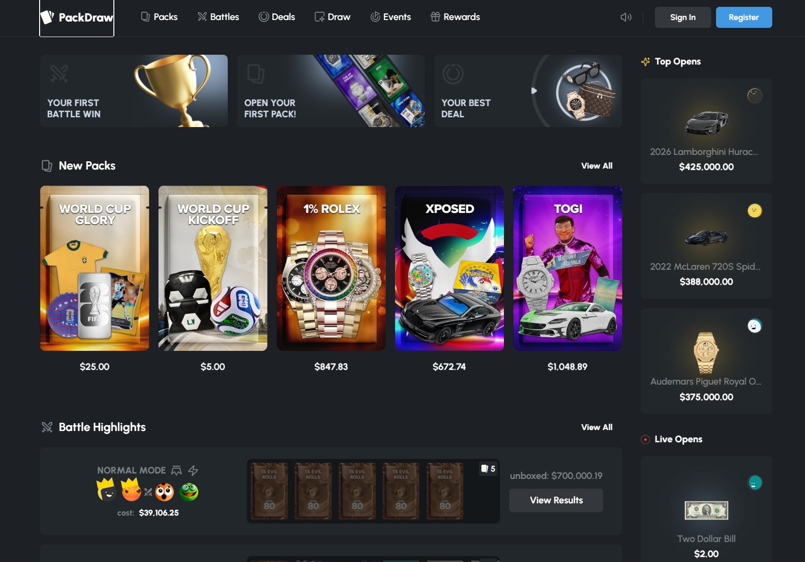 PackDraw home page: New Packs row from World Cup Kickoff at $5 to Togi at $1,048.89, Top Opens sidebar