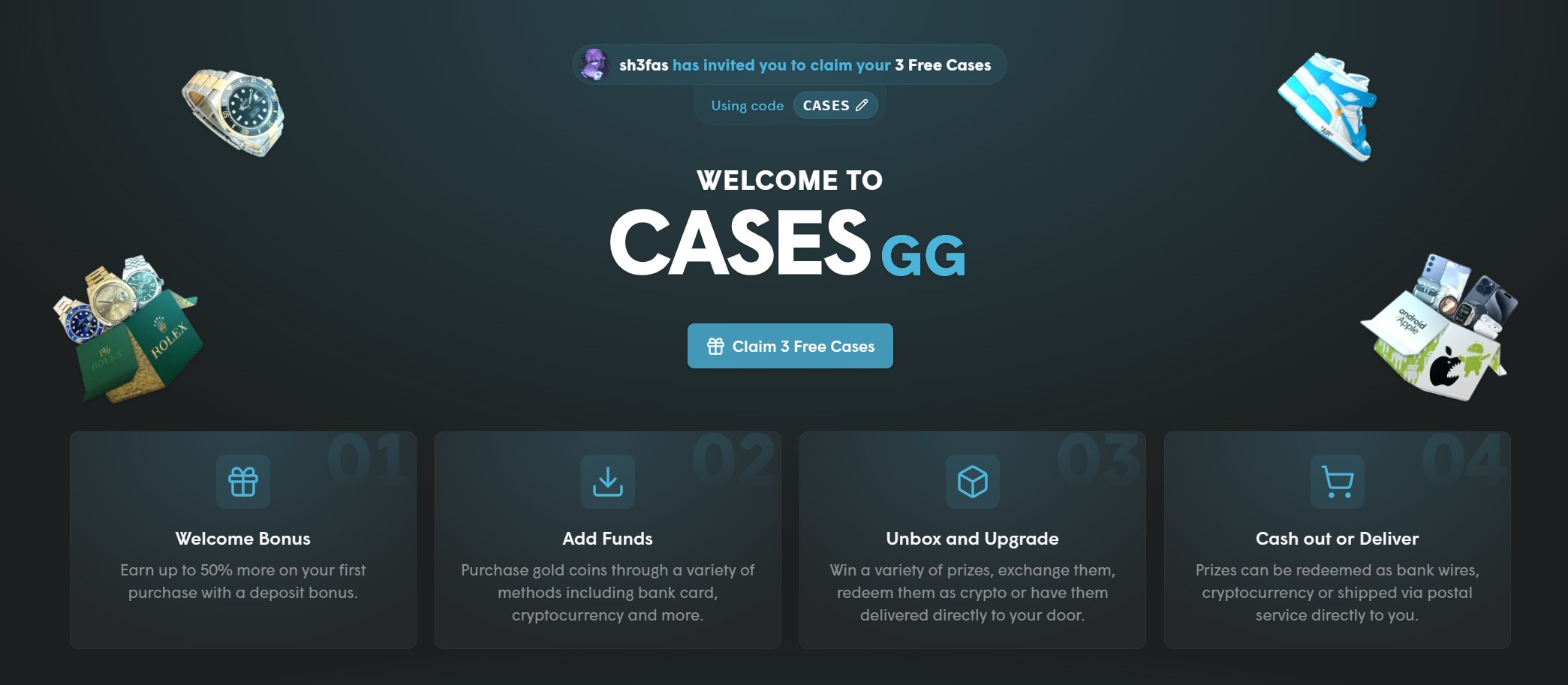 Cases.gg welcome page with the Claim 3 Free Cases button and the four steps from welcome bonus to cash out