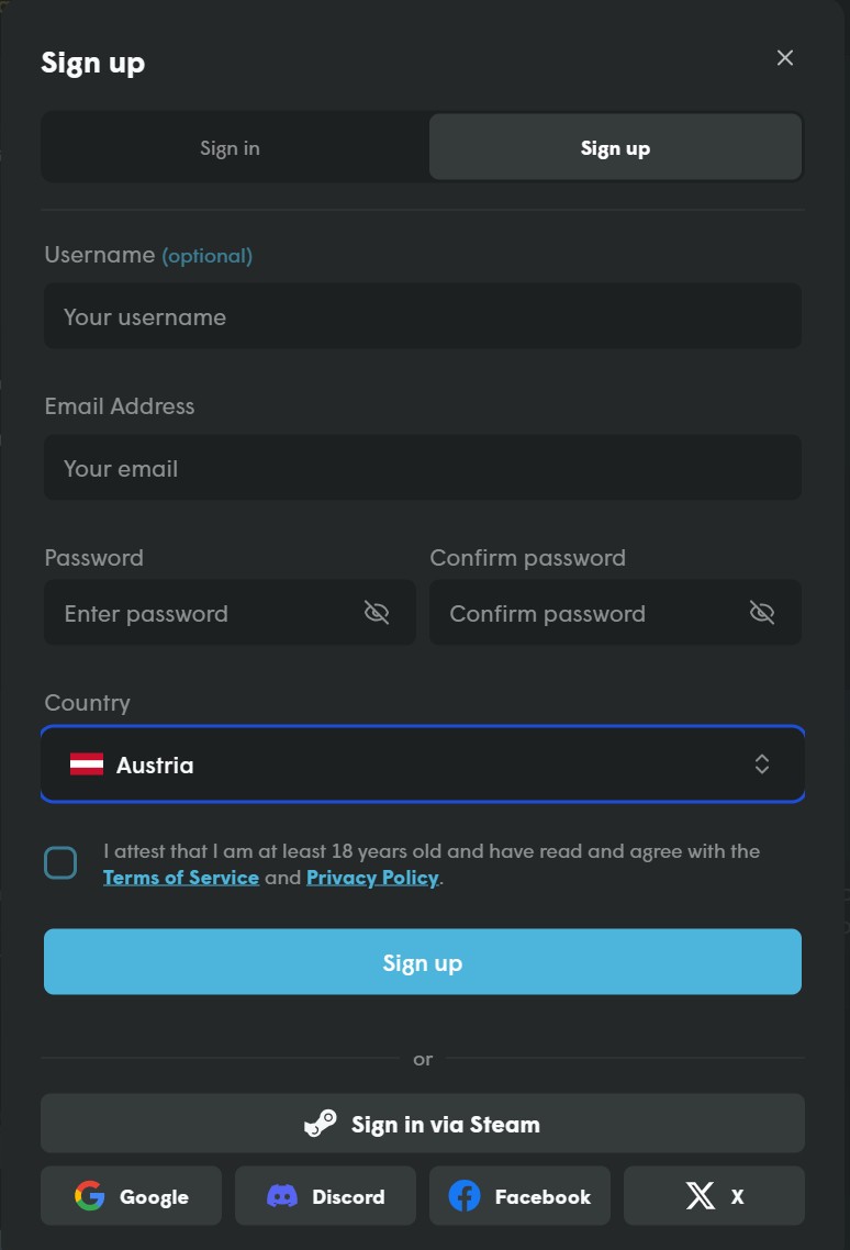 Cases.gg sign-up form: username, email, password, country, plus Steam, Google, Discord, Facebook and X login