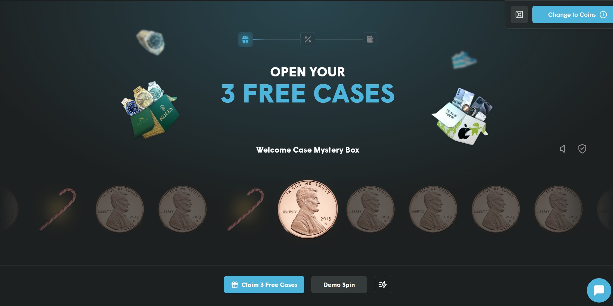 Cases.gg Open Your 3 Free Cases screen with the Welcome Case reel of pennies and candy canes