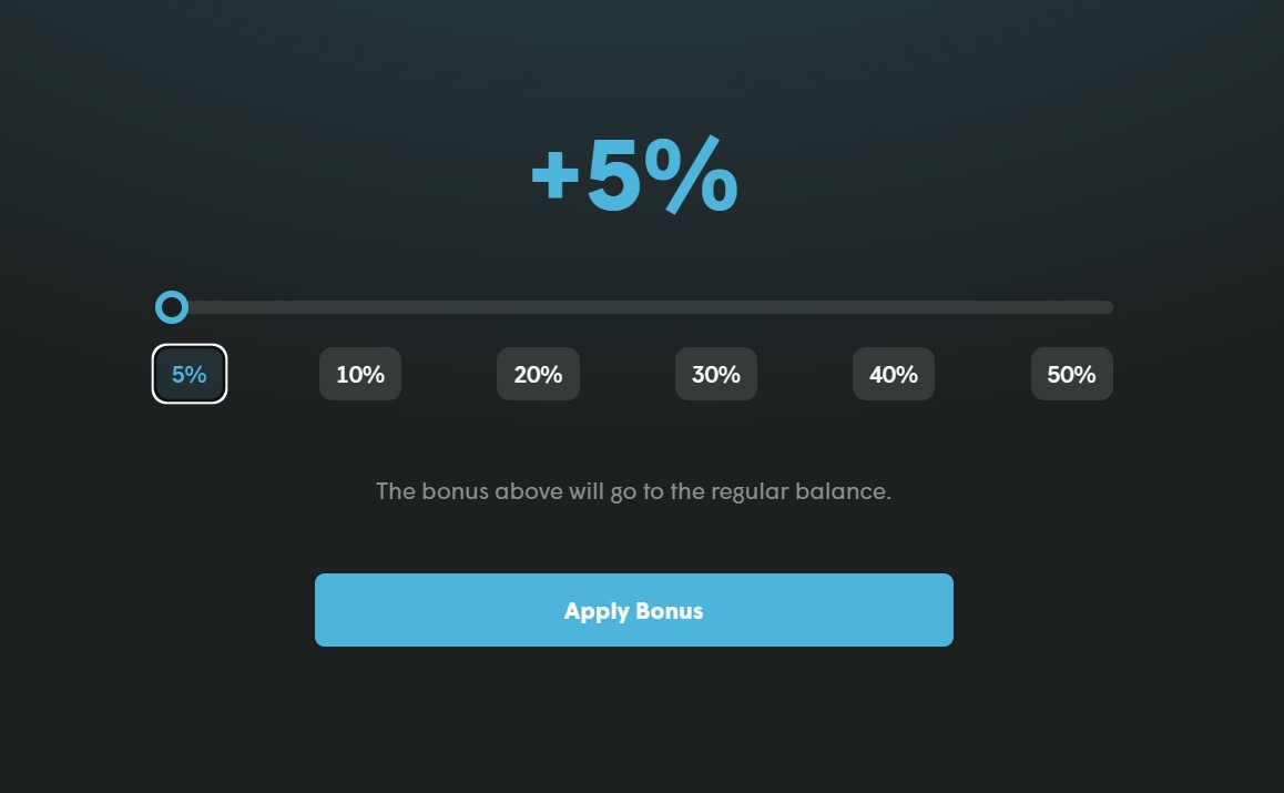 Cases.gg deposit bonus slider from 5% to 50% with the Apply Bonus button