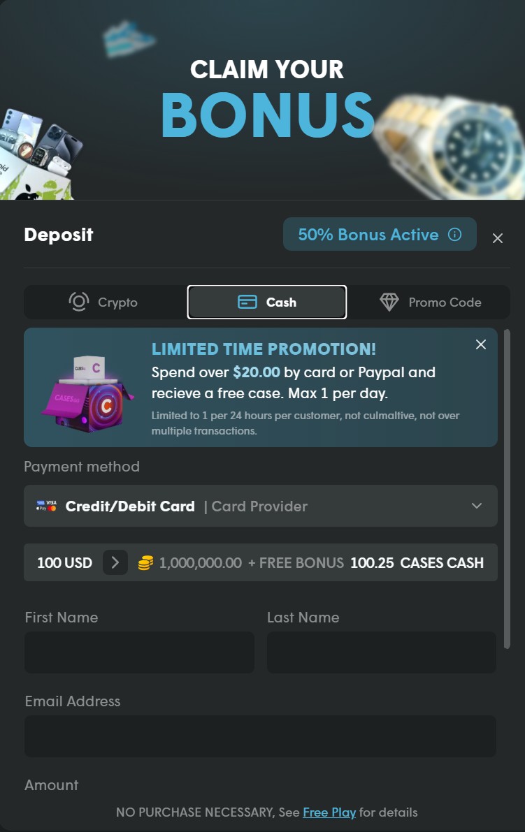 Cases.gg deposit window with 50% Bonus Active, card payment selected and the free case promotion for $20+ card deposits