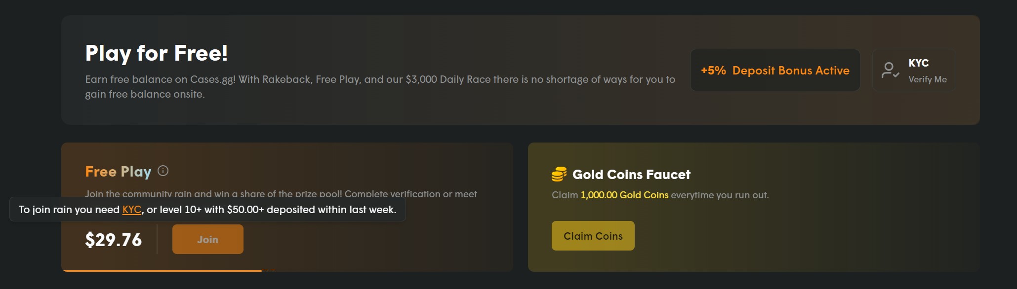 Cases.gg Play for Free page: Free Play rain needs KYC or level 10+, Gold Coins faucet, +5% deposit bonus active