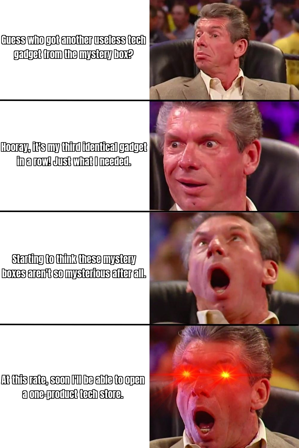 Meme about pulling the same low-value tech gadget out of a mystery box over and over