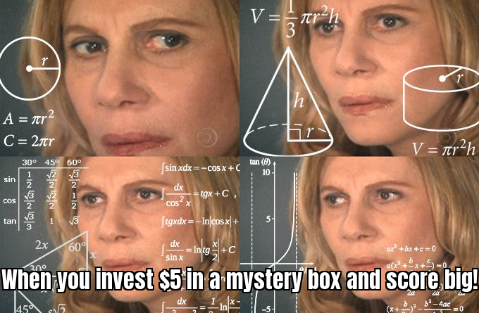 Confused math lady meme with floating equations, captioned when you invest $5 in a mystery box and score big