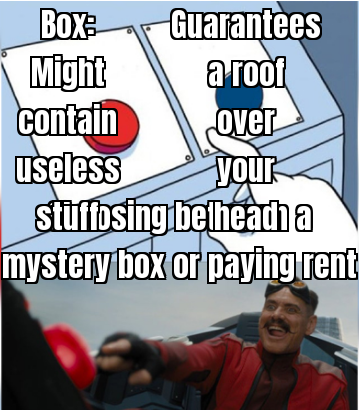 Meme about choosing between buying a mystery box and paying the rent