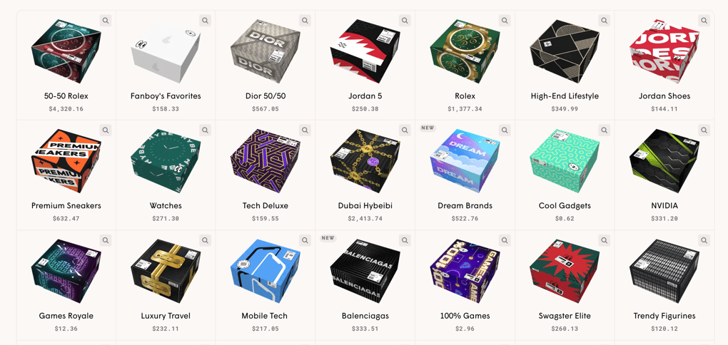 Mystery box catalogue grid with Jordan, sneaker, Dior and Balenciaga boxes priced from $0.62 to $4,320