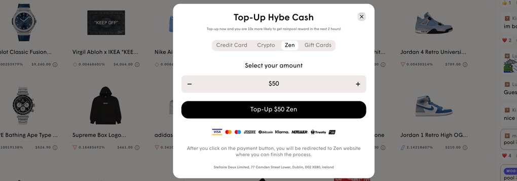 HYBE top-up window: credit card, crypto, Zen and gift card tabs, $50 selected