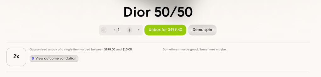 A mystery box page showing the unbox price, a demo spin button and a guaranteed item value band between $10 and $898