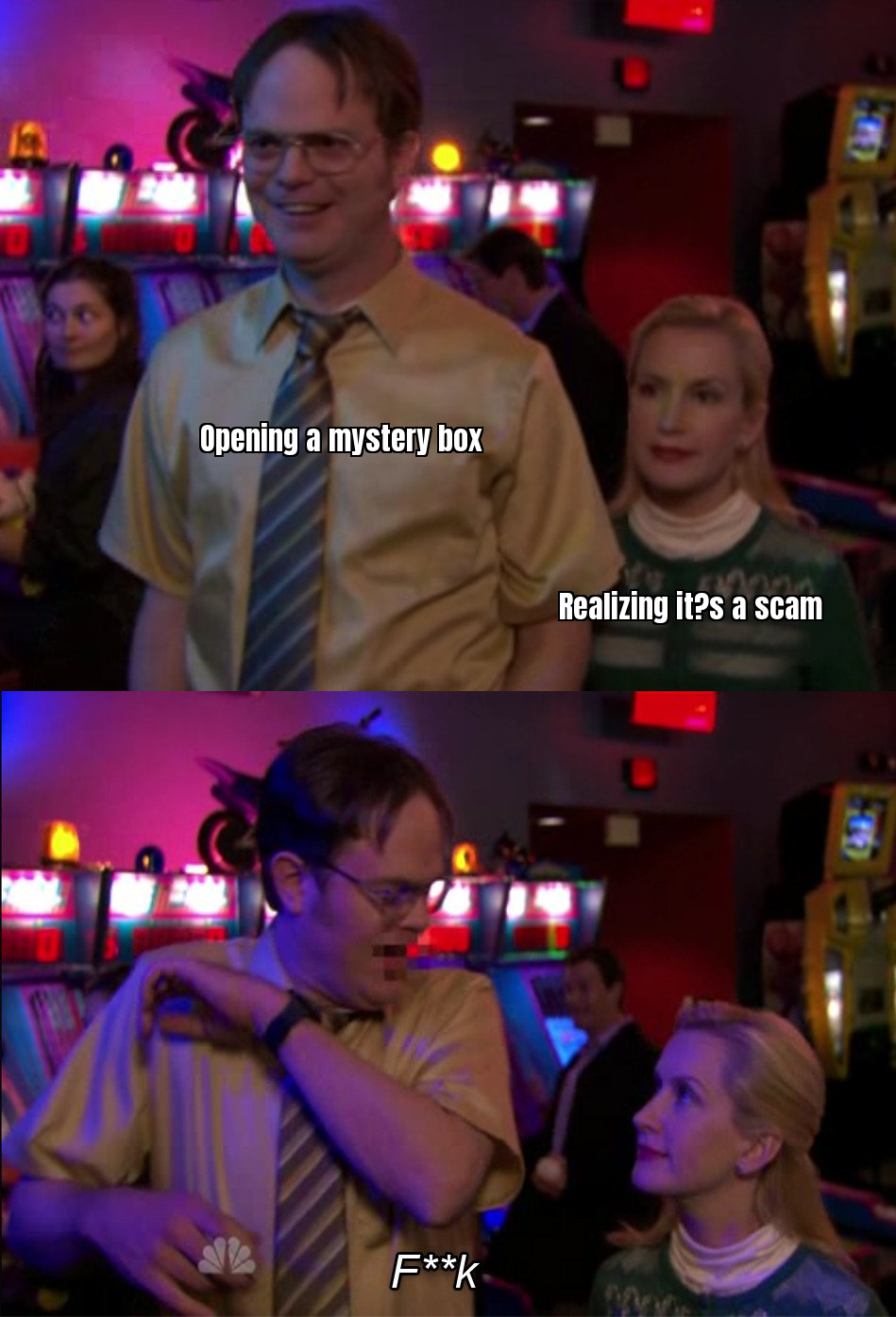 Meme about the moment you realise the mystery box you just opened was a scam