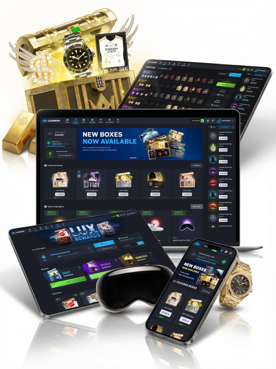 LuxDrop on a tablet and a phone next to a gold mystery box