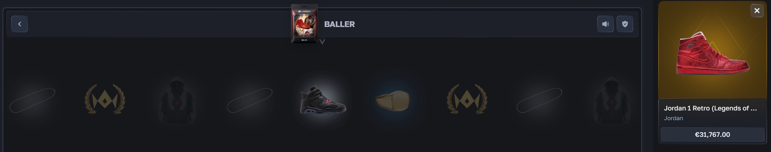 LuxDrop Baller pack reel with a Jordan 1 Retro Legends of Summer at €31,767 shown in the side panel