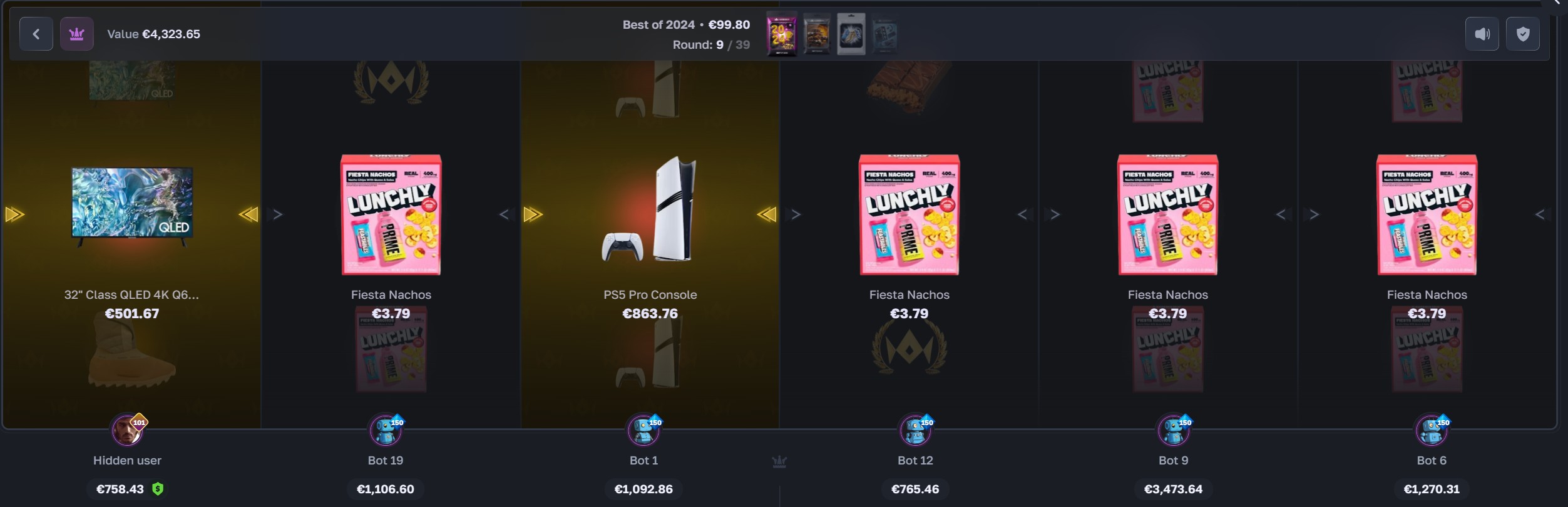 LuxDrop six-player battle on the Best of 2024 box at €99.80, round 9 of 39, a PS5 Pro next to €3.79 nachos