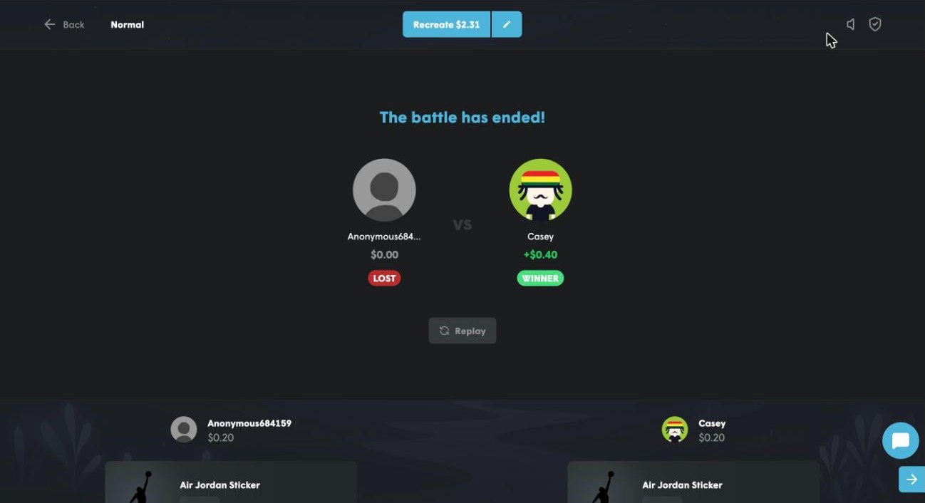 Cases.gg 1v1 case battle in our test ended 0.20 to 0.20 and the tie-break gave the bot Casey the win