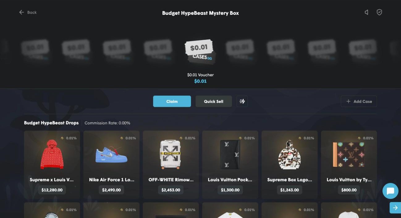 Cases.gg Budget HypeBeast box in our test: a 3.32 dollar box paid a 0.01 dollar voucher, drop table topped by a Supreme x Louis Vuitton hoodie at 0.01 percent