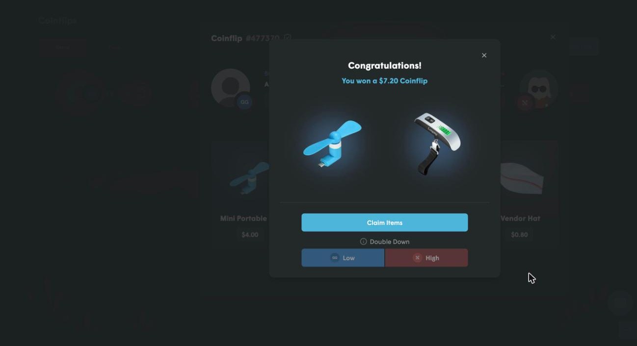 Cases.gg coinflip win in our test: a 4 dollar fan staked on GG won a 7.20 dollar pot with a luggage scale, Claim Items or Double Down