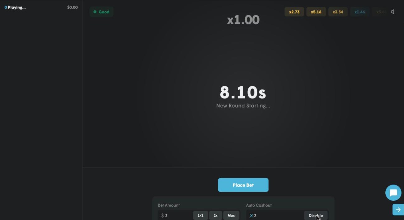 Cases.gg crash game between rounds after a 2.73 multiplier, with the 2 dollar bet and x2 auto cashout set