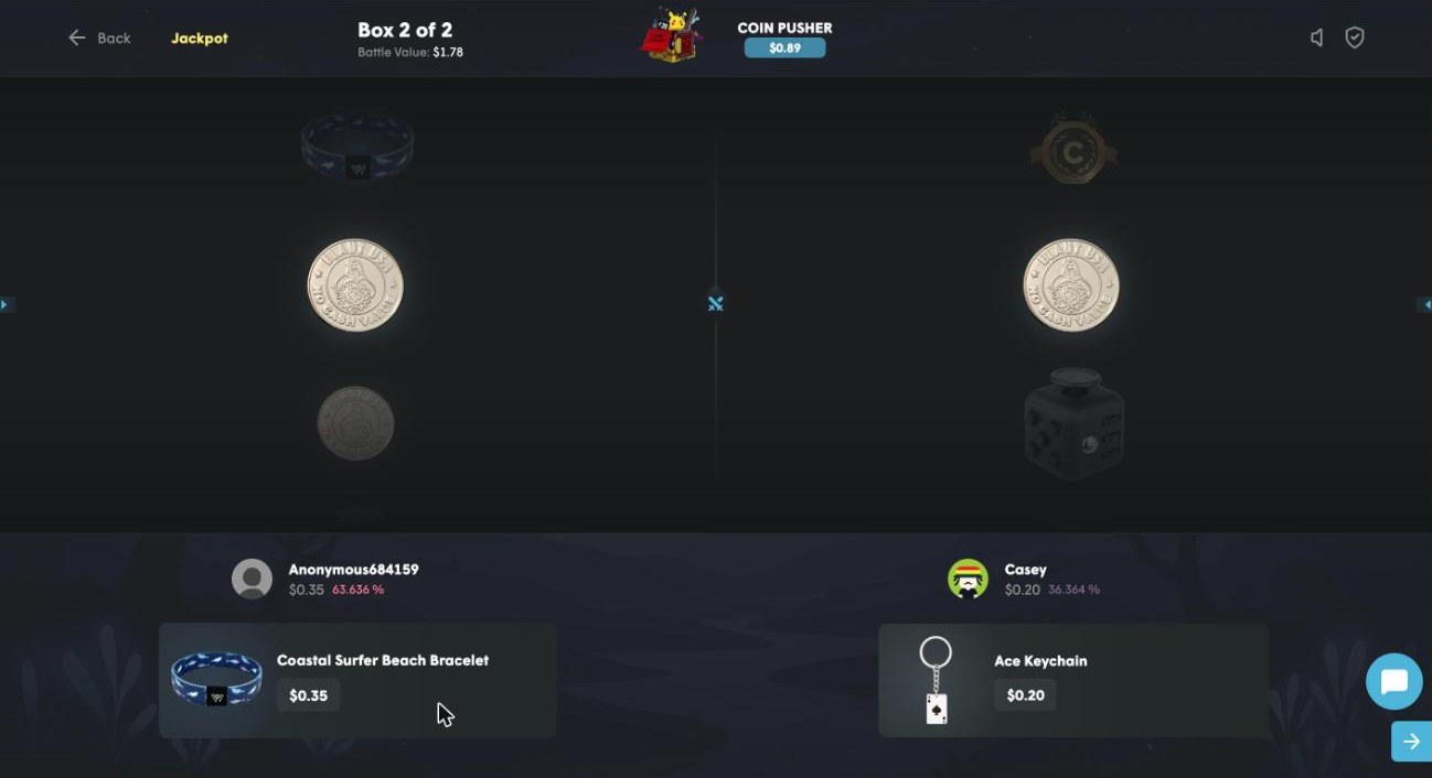 Cases.gg Jackpot case battle in our test: bot Casey holds 82.9 percent of the wheel after a 1.55 dollar fidget cube against our 0.36 dollars