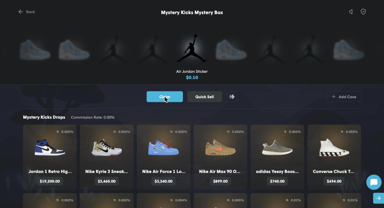 Cases.gg Mystery Kicks box result in our test: an Air Jordan Sticker worth 0.10 dollars from a 1.15 dollar box, with Claim and Quick Sell buttons