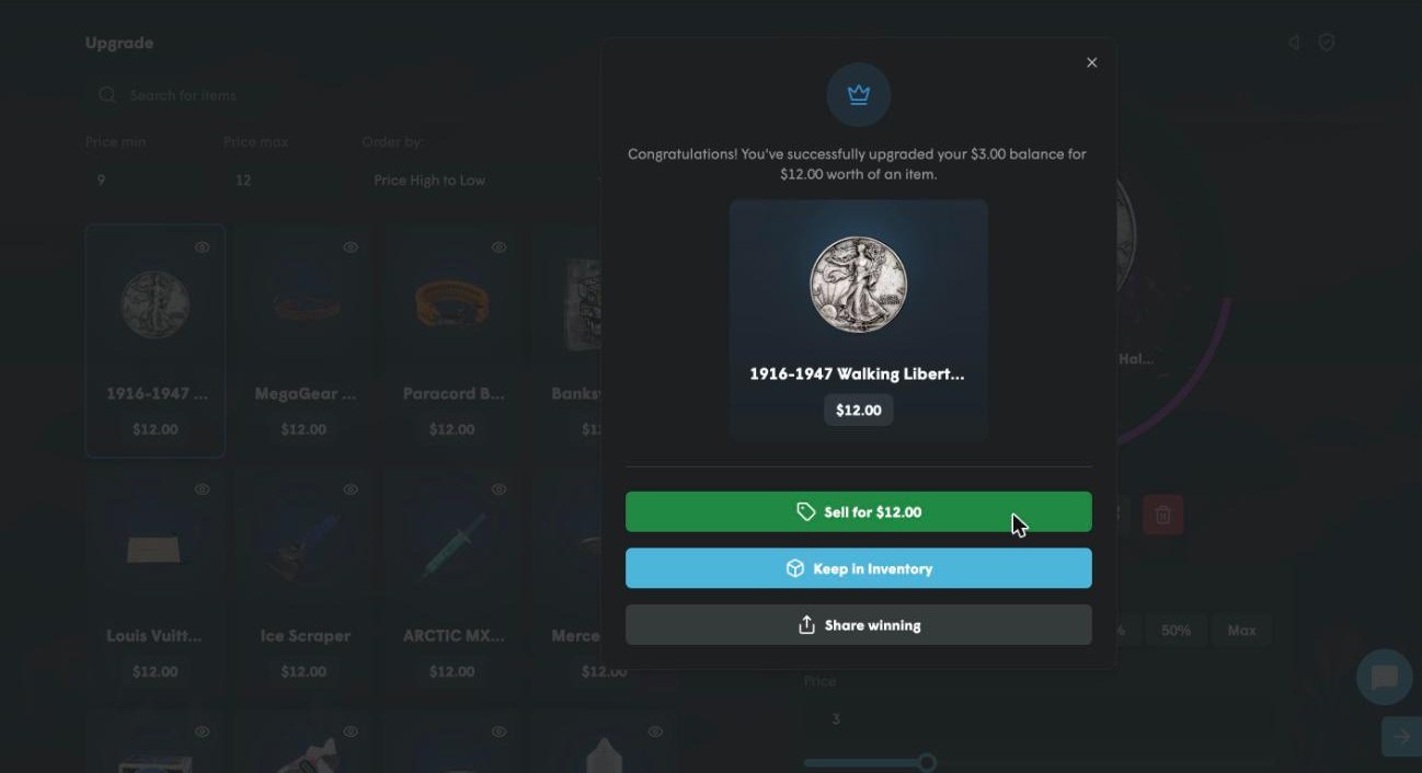 Cases.gg item upgrader win in our test: 3 dollars upgraded at 22.5 percent into a 12 dollar Walking Liberty half dollar, with Sell for 12 dollars or Keep in Inventory