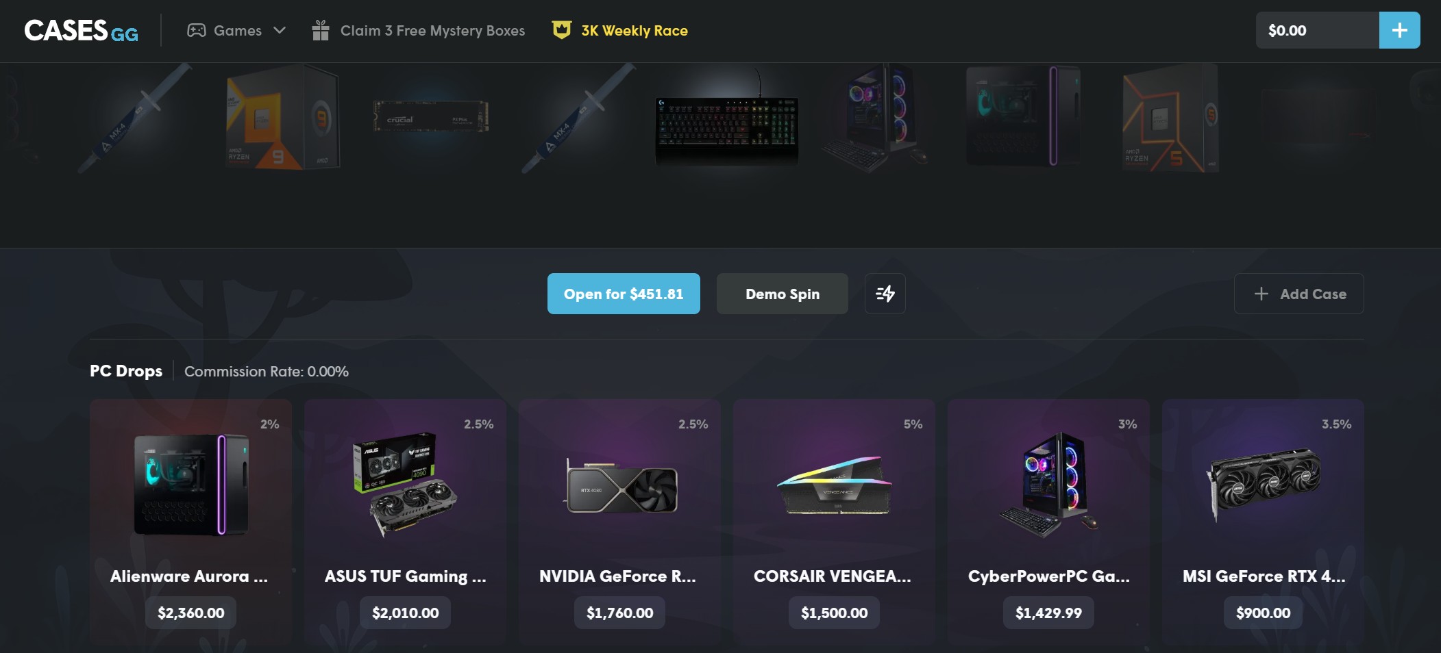 Cases.gg PC box at $451.81 with a Demo Spin button and drops from an Alienware Aurora at $2,360 on 2 percent