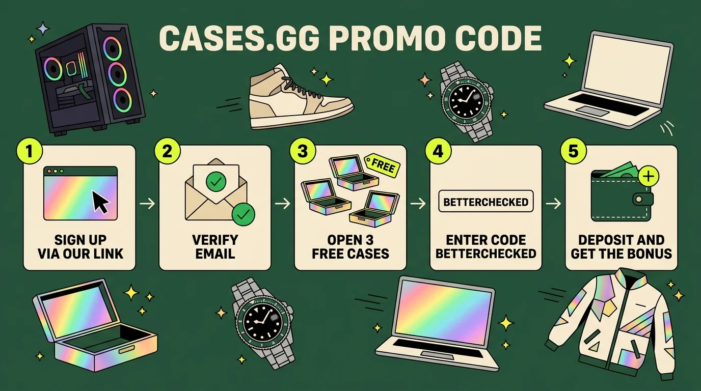 How to use a Cases.gg promo code in five steps: sign up via our link, verify your email, open 3 free cases, enter the code BETTERCHECKED, deposit and get the bonus, with a gaming PC, a Jordan 1, a Rolex, a MacBook and a designer jacket around the steps