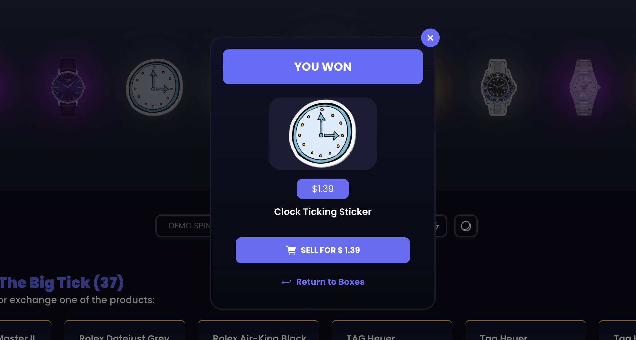 RillaBox result screen in a watch box: a Clock Ticking Sticker worth $1.39 with a Sell for $1.39 button
