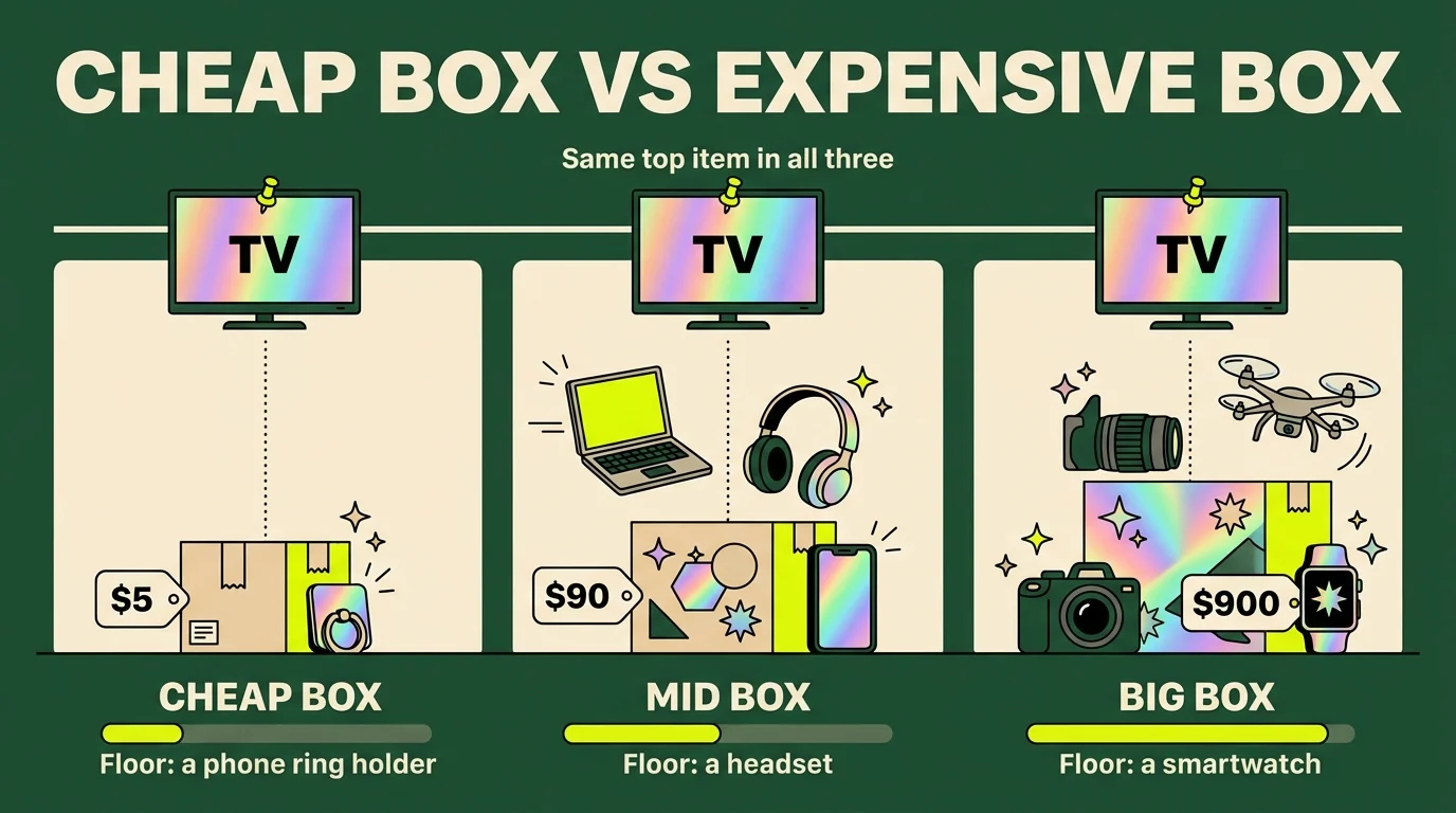 Three electronics mystery boxes at 5, 90 and 900 dollars side by side, all three carrying the same TV as their top item while the guaranteed floor rises from a phone ring holder to a headset to a smartwatch