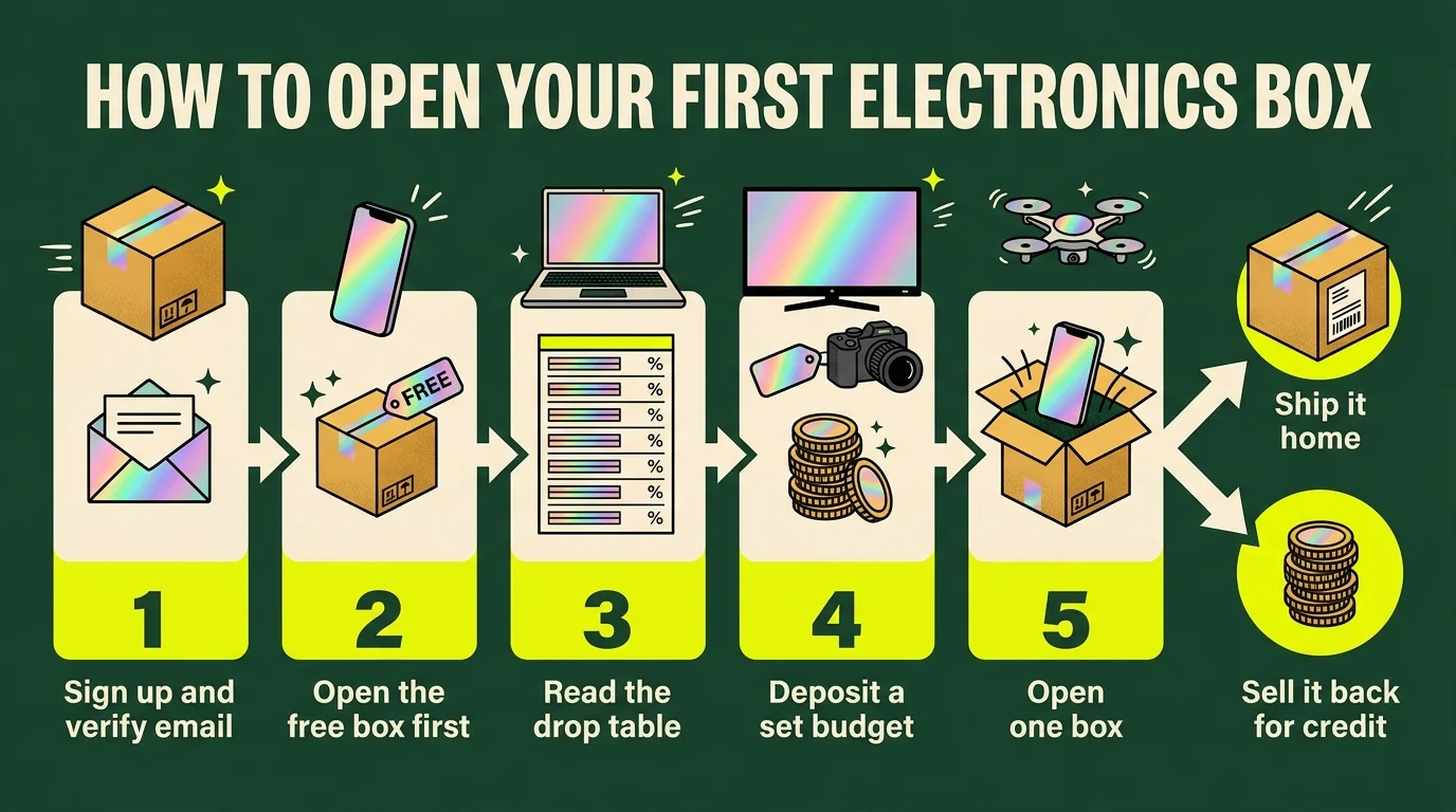 Six steps to opening an electronics mystery box: sign up and verify email, open the free box first, read the drop table, deposit a set budget, open one box, then either ship it home or sell it back for credit