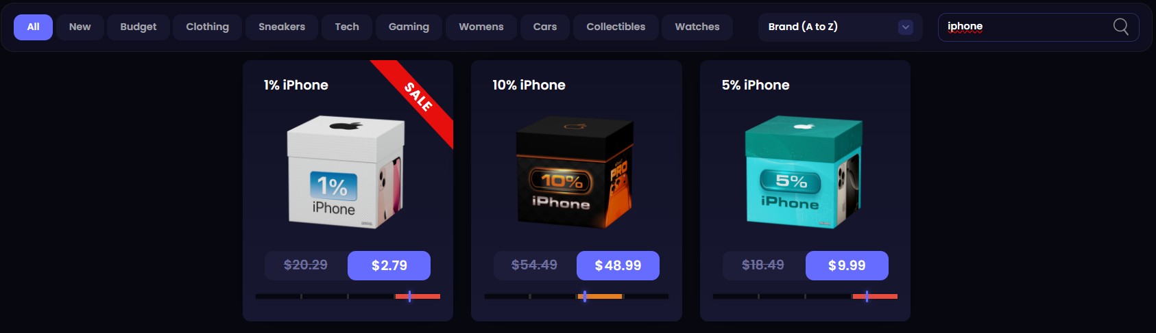 RillaBox search for iPhone: 1% iPhone box at $2.79, 5% iPhone at $9.99 and 10% iPhone at $48.99