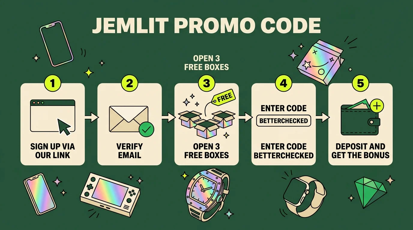 How to use a Jemlit promo code in five steps: sign up via our link, verify your email, open 3 free boxes, enter the code BETTERCHECKED, deposit and get the bonus, with an iPhone, a handheld console, a Richard Mille watch, an Apple Watch and a green gem around the steps