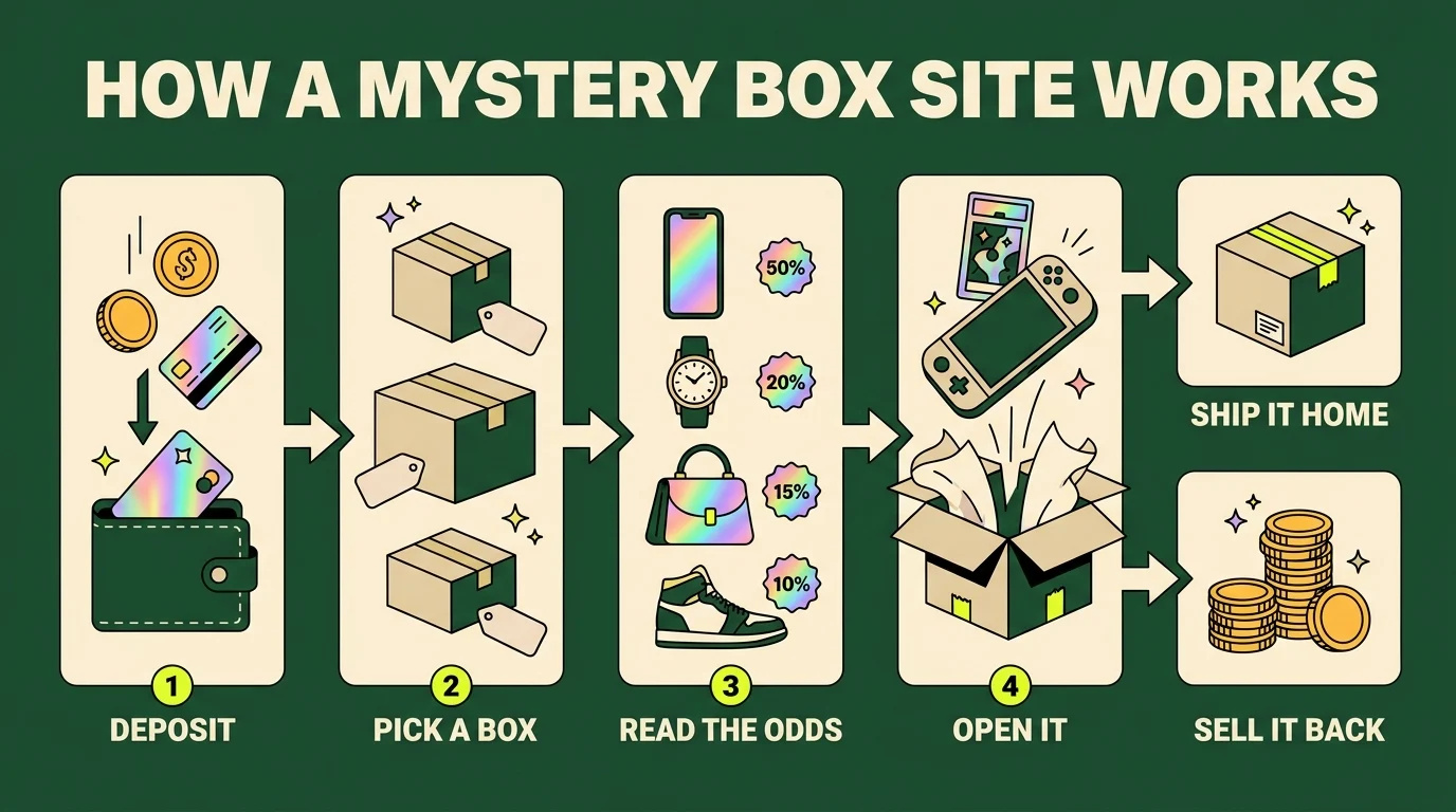 How a mystery box site works: deposit, pick a box, read the odds beside every item, open it, then ship it home or sell it back for site credit