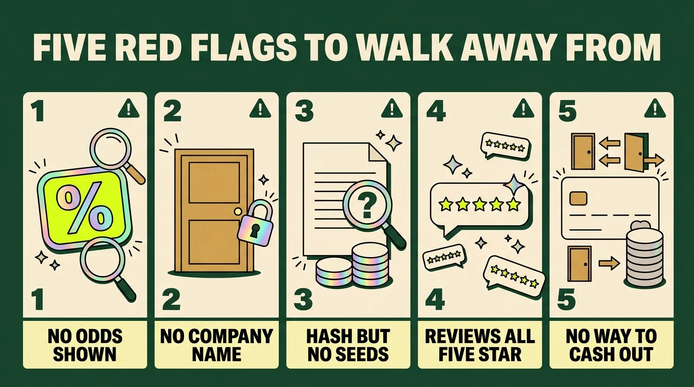 Five red flags on a mystery box site: no odds shown, no company name, a hash but no seeds, reviews that are all five star, and no way to cash out