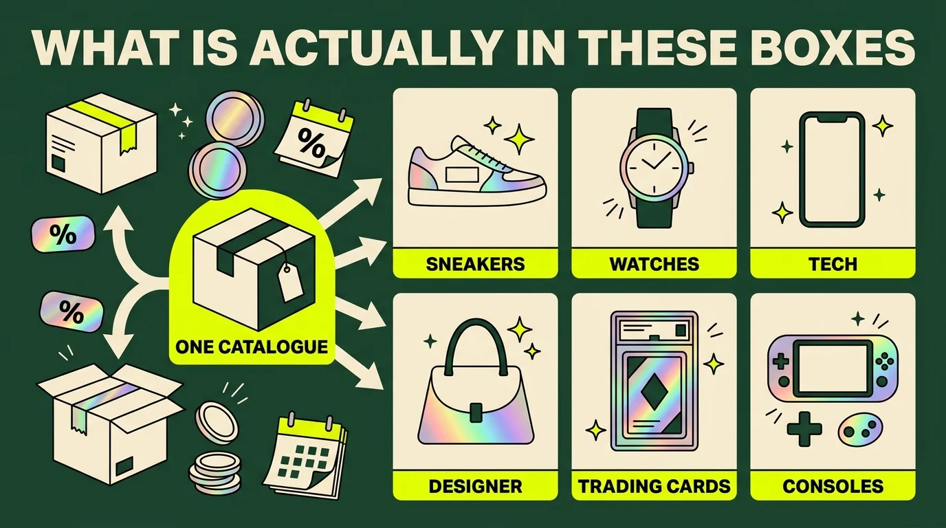 One mystery box catalogue splitting into six themes: sneakers, watches, tech, designer, trading cards and consoles