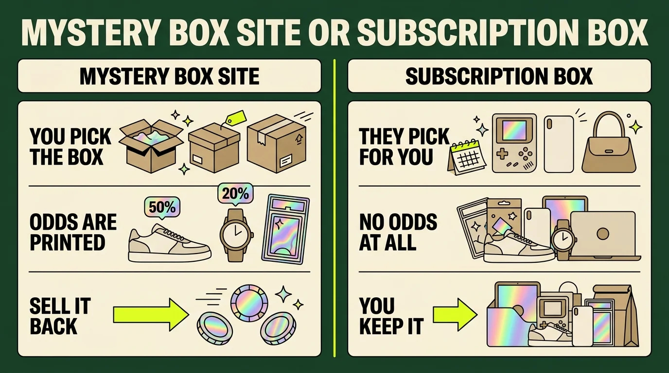 Mystery box site versus subscription box: you pick the box, the odds are printed and you can sell it back, against they pick for you with no odds and you keep it