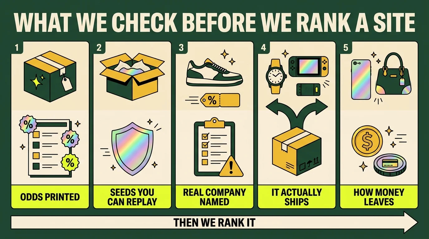 What we check before we rank a mystery box site: odds printed, seeds you can replay, a real company named, whether it actually ships, and how money leaves